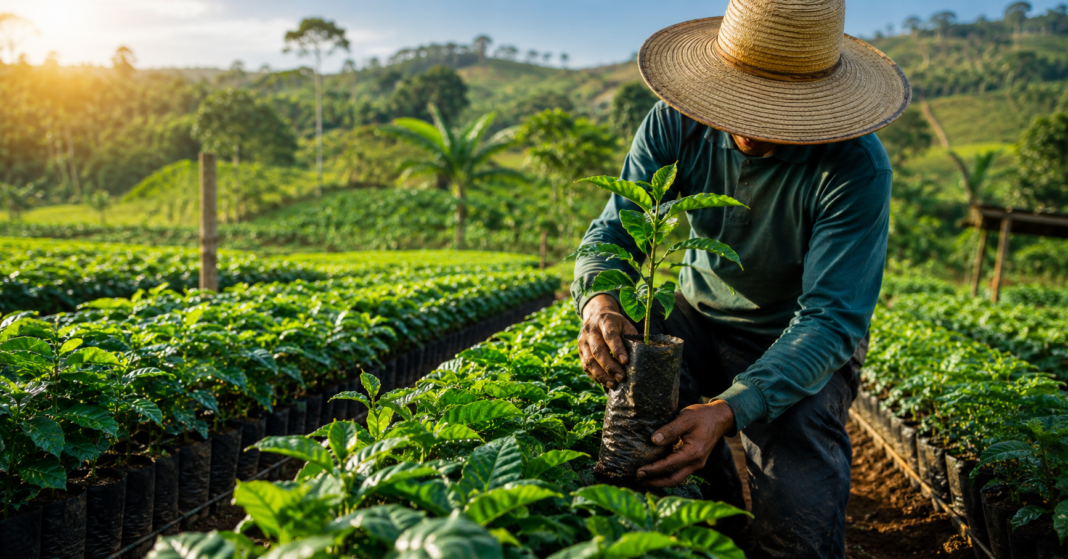 Café clonal em Cacoal chega a produtores rurais Produtor rural manuseia muda de café clonal em Cacoal durante renovação de lavouras