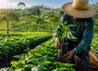 Café clonal em Cacoal terá 200 mil mudas para produtores rurais Produtor rural manuseia muda de café clonal em Cacoal durante renovação de lavouras