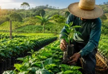 Café clonal em Cacoal terá 200 mil mudas para produtores rurais Produtor rural manuseia muda de café clonal em Cacoal durante renovação de lavouras
