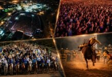Expojipa em Ji-Paraná recebe apoio federal e deve aquecer economia local Montagem com cavalgada, rodeio, público em show e vista aérea da Expojipa em Ji-Paraná
