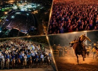 Expojipa em Ji-Paraná recebe apoio federal e deve aquecer economia local Montagem com cavalgada, rodeio, público em show e vista aérea da Expojipa em Ji-Paraná