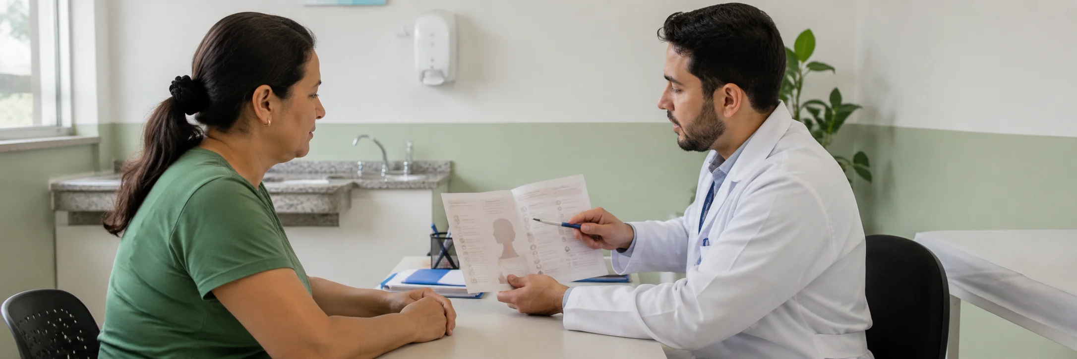Médico orienta paciente sobre avaliação de câncer de cabeça e pescoço em uma UBS.