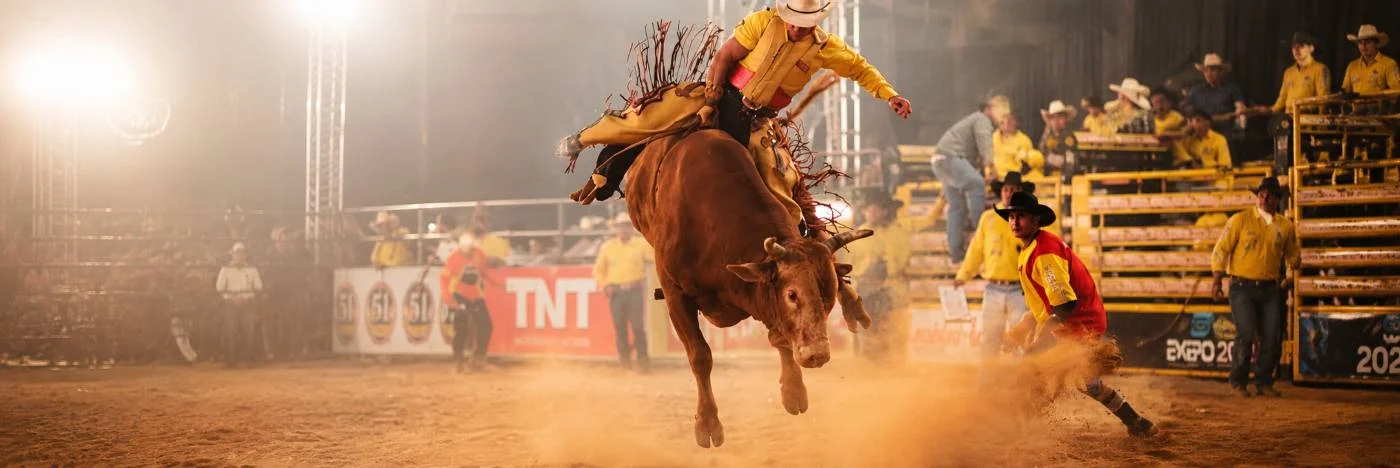 Peão monta touro durante prova de rodeio em arena, representando a programação da Expojipa em Ji-Paraná.