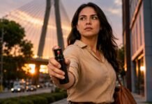 Porto Velho já autoriza spray de defesa pessoal para mulheres por lei municipal Mulher segura spray de defesa pessoal em área urbana de Porto Velho ao entardecer