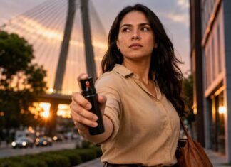 Porto Velho já autoriza spray de defesa pessoal para mulheres por lei municipal Mulher segura spray de defesa pessoal em área urbana de Porto Velho ao entardecer