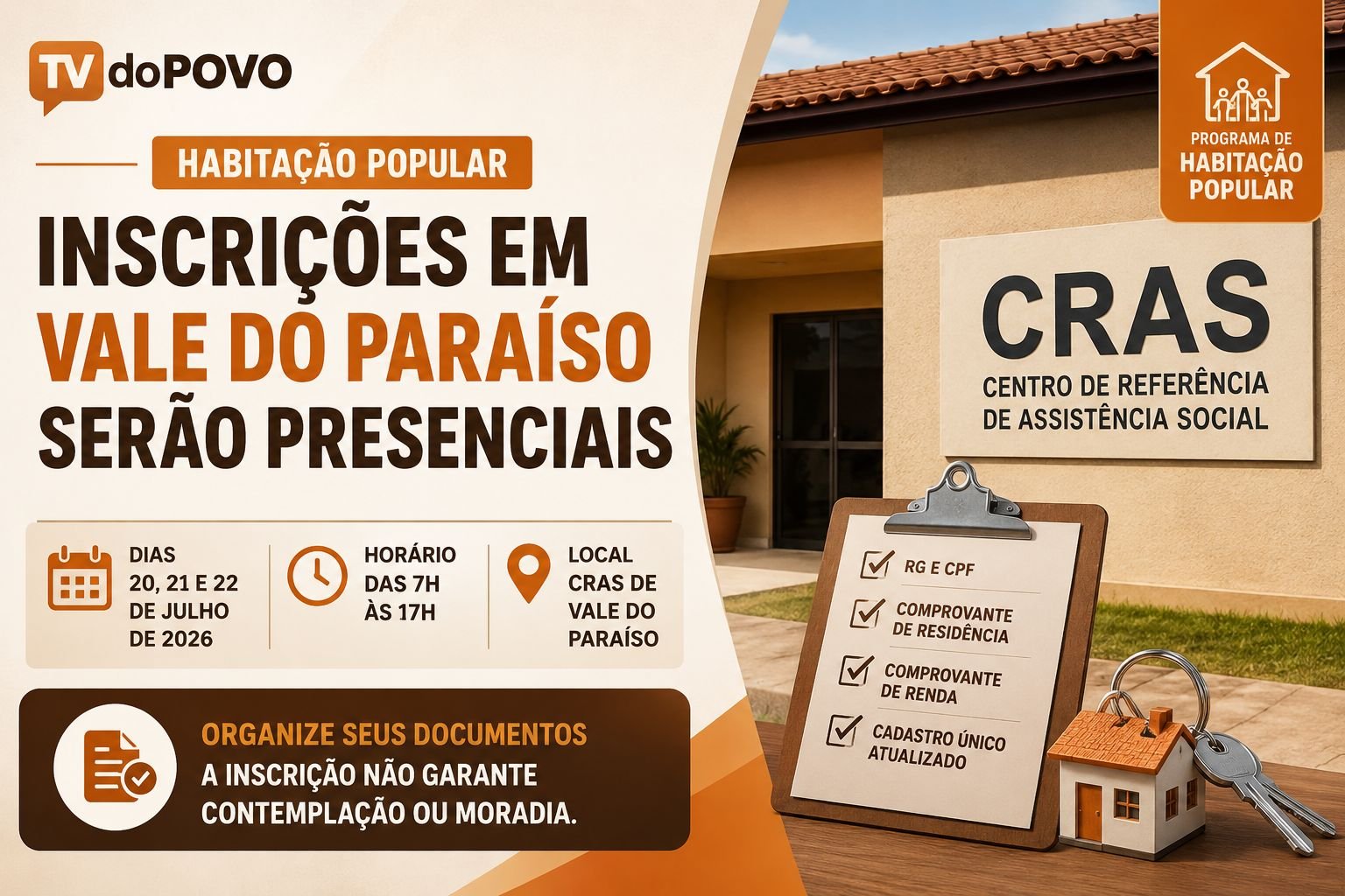 Habitação popular em Vale do Paraíso terá inscrições presenciais no CRAS