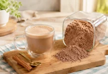Mistura de cappuccino com chocolate fica cremosa e rende muito Cappuccino caseiro de chocolate ao lado de pote com mistura em pó sobre mesa de madeira