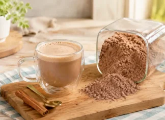 Mistura de cappuccino com chocolate fica cremosa e rende muito Cappuccino caseiro de chocolate ao lado de pote com mistura em pó sobre mesa de madeira
