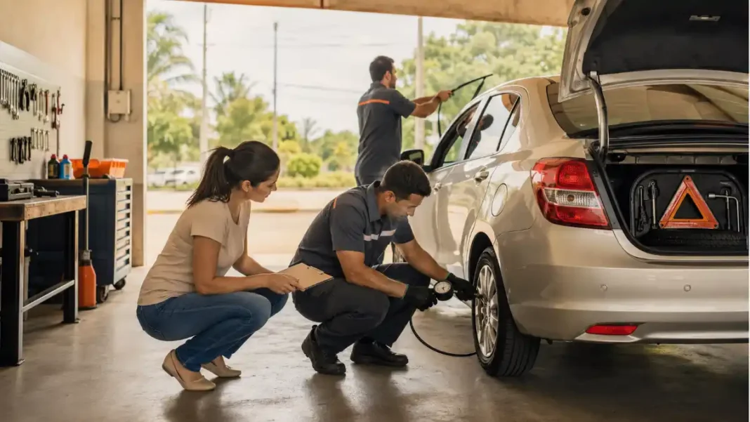 Técnico confere componentes básicos do carro antes de uma viagem em Rondônia