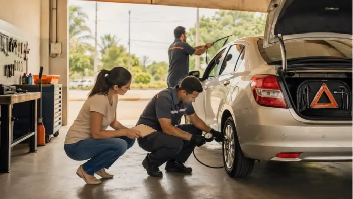 Inspeção de componentes antes da viagem Técnico confere componentes básicos do carro antes de uma viagem em Rondônia