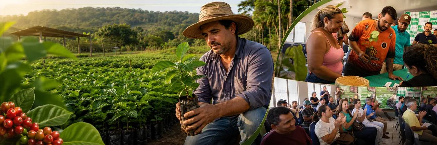 Mudas de café clonal reforçam lavouras em Cacoal Imagem-faixa mostra café clonal em Cacoal com mudas, lavoura e produtores rurais