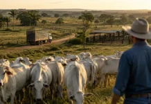 Exportações de carne bovina sobem em maio e reforçam peso do agro brasileiro Exportações de carne bovina com rebanho no campo representando a pecuária brasileira