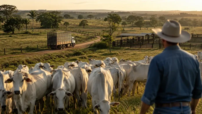 Exportações de carne bovina e pecuária brasileira Exportações de carne bovina com rebanho no campo representando a pecuária brasileira