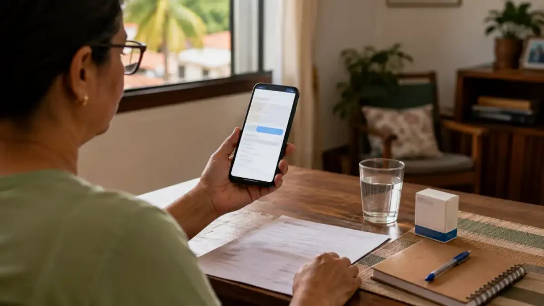 Consulta digital de medicamentos na rede municipal Pessoa consulta o Farmapub Porto Velho pelo celular antes de buscar medicamentos na rede municipal.