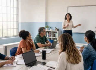 Nova lei detalha formação continuada na educação pública Formação continuada na educação pública com profissionais reunidos em sala de aula durante atividade de qualificação