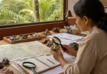 Rondônia é o 3º estado em processos de minerais críticos na Amazônia Profissional analisa amostras e mapas sobre minerais críticos em Rondônia durante estudo técnico.