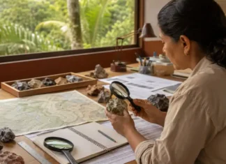 Rondônia é o 3º estado em processos de minerais críticos na Amazônia Profissional analisa amostras e mapas sobre minerais críticos em Rondônia durante estudo técnico.