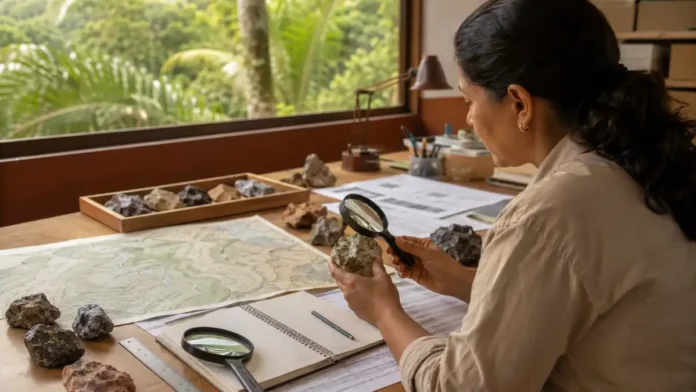 Pesquisa mineral e planejamento na Amazônia Legal Profissional analisa amostras e mapas sobre minerais críticos em Rondônia durante estudo técnico.