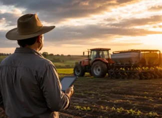 Move Agricultura abre crédito para produtores pessoas físicas modernizarem o campo Move Agricultura em Rondônia com produtor observando trator em área rural