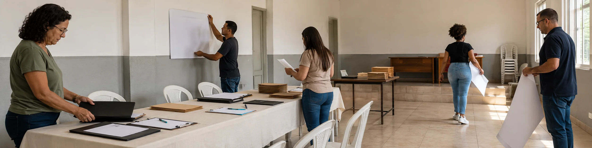 Equipe prepara sala e materiais da propaganda intrapartidária 2026 para uma convenção em Rondônia.