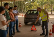 Motoristas do Detran-RO aprendem como agir em acidentes e incêndios Primeiros socorros no trânsito em simulação de emergência com motoristas em Porto Velho