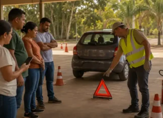 Motoristas do Detran-RO aprendem como agir em acidentes e incêndios Primeiros socorros no trânsito em simulação de emergência com motoristas em Porto Velho