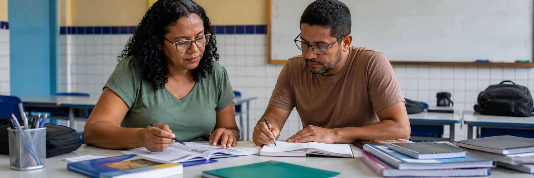 Professores analisam a tabela do piso do magistério em Porto Velho em uma escola municipal.