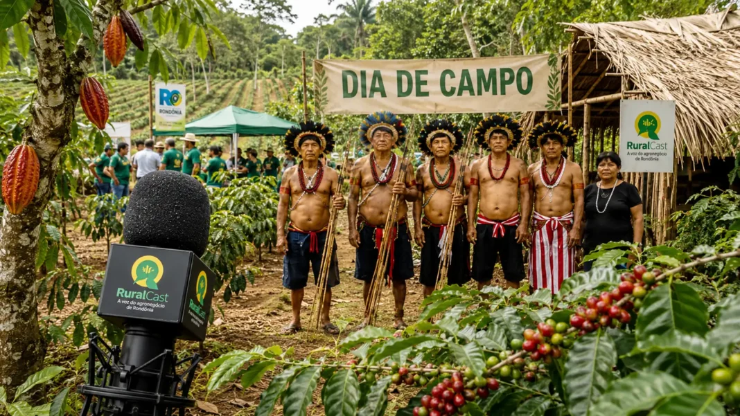 RuralCast no Dia de Campo Paiter Suruí com microfone, café, cacau e lideranças indígenas em Cacoal