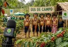 RuralCast leva estúdio de gravação ao Dia de Campo Paiter Suruí e transforma produção indígena em conteúdo para Rondônia RuralCast no Dia de Campo Paiter Suruí com microfone, café, cacau e lideranças indígenas em Cacoal