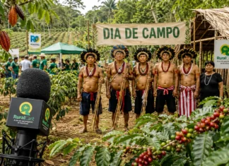 RuralCast leva estúdio de gravação ao Dia de Campo Paiter Suruí e transforma produção indígena em conteúdo para Rondônia RuralCast no Dia de Campo Paiter Suruí com microfone, café, cacau e lideranças indígenas em Cacoal