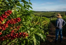 Safra de café robusta em Rondônia pode bater recorde em 2026 Safra de café robusta em Rondônia mostra lavoura produtiva com frutos maduros e produtor no campo