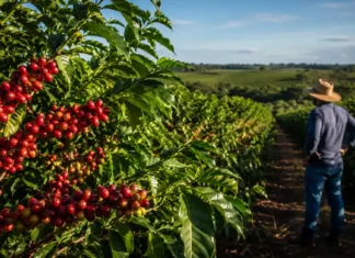 Safra de café robusta em Rondônia pode bater recorde em 2026 Safra de café robusta em Rondônia mostra lavoura produtiva com frutos maduros e produtor no campo