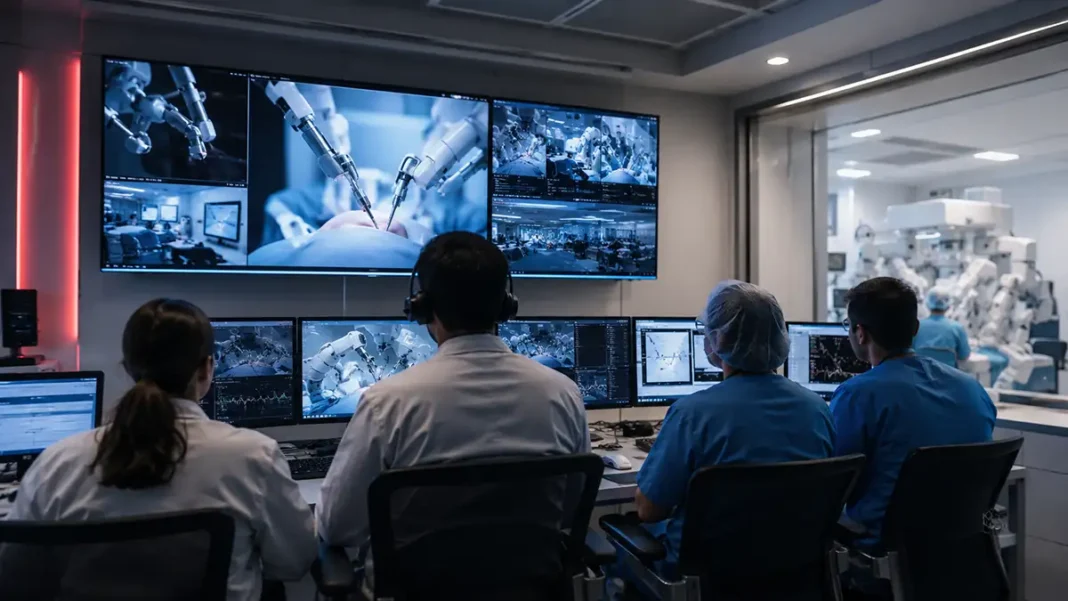 Telecirurgia robótica em Porto Velho no SUS Telecirurgia robótica em Porto Velho com equipe médica acompanhando procedimento em sala de controle