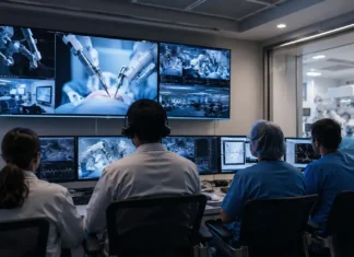 SUS conecta Porto Velho a Barretos em telecirurgia robótica inédita Telecirurgia robótica em Porto Velho com equipe médica acompanhando procedimento em sala de controle