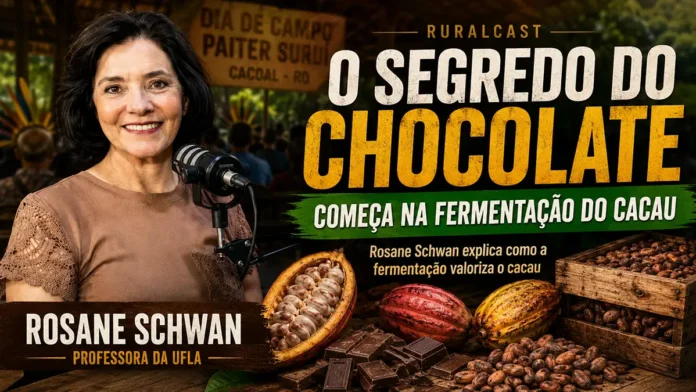 Capa do RuralCast com Rosane Schwan sobre cacau fermentado, chocolate de qualidade e produção em Rondônia