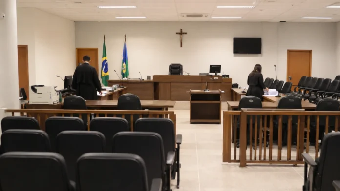 Plenário preparado para o primeiro júri popular da Comarca de Nova Mamoré. Plenário preparado para o primeiro júri popular da Comarca de Nova Mamoré.