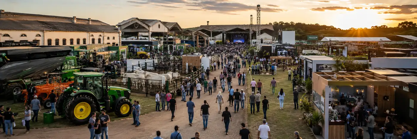 Vista panorâmica da Agrotec 2026 Porto Velho com estandes, máquinas agrícolas, bovinos e visitantes