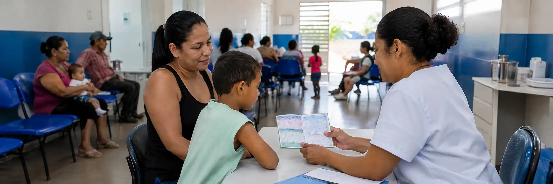 Atendimento da multivacinação em Porto Velho Profissional orienta responsável e criança durante a Multivacinação 2026 em Porto Velho.