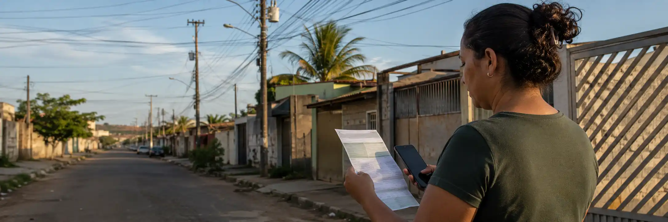 Bandeira amarela na conta de luz com consumidora consultando fatura de energia em bairro de Rondônia