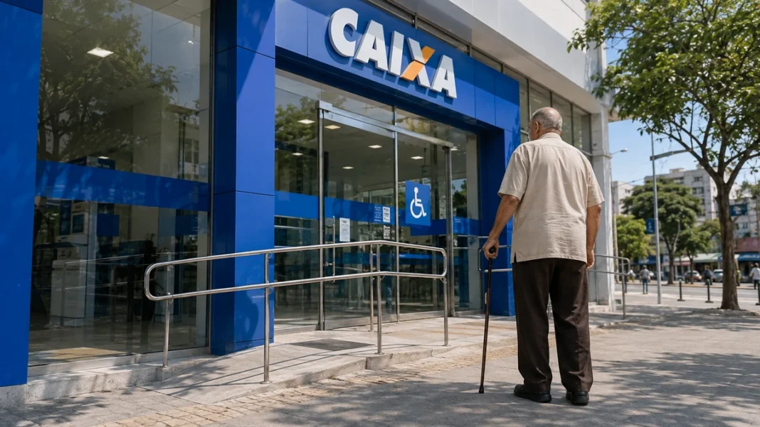 Bengalas nas agências da Caixa em Rondônia Pessoa com bengala se aproxima de agência da Caixa em Rondônia