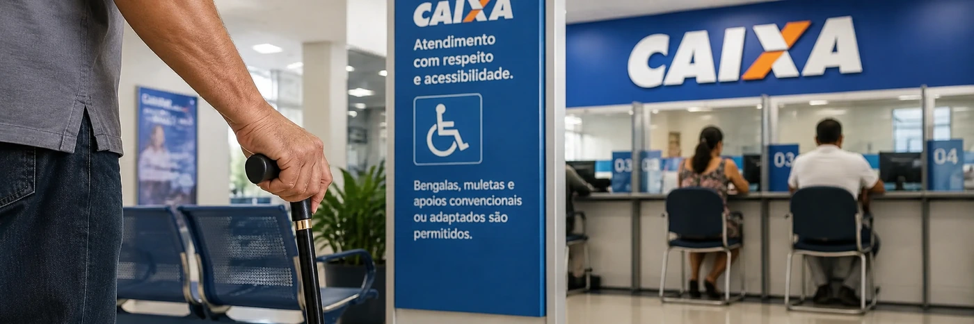 Acessibilidade nas agências da Caixa em Rondônia Pessoa utiliza bengala no interior de agência bancária em imagem sobre acessibilidade