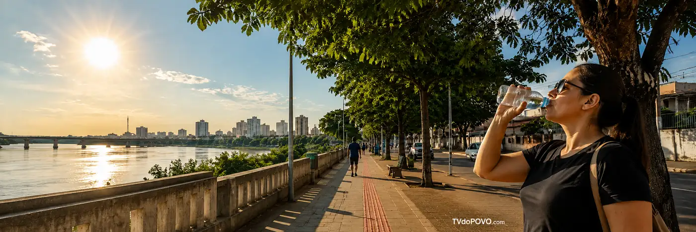 Calor e baixa umidade exigem atenção em Rondônia Porto Velho pode chegar a 41 graus; mulher se hidrata à sombra durante tarde de calor e baixa umidade