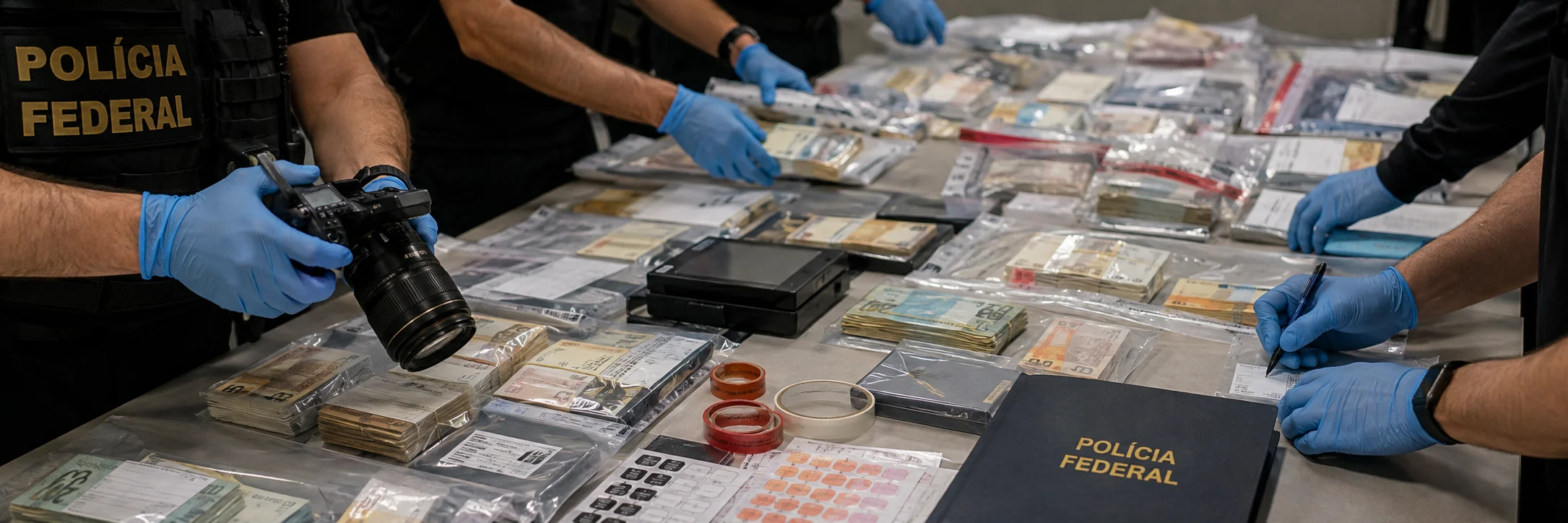 Catalogação dos valores apreendidos pela PF R$ 2 milhões são fotografados e catalogados em embalagens de evidência durante investigação da Polícia Federal.