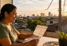 Tarifa de energia cai 10,63% para baixa tensão em Rondônia Moradora segura conta de energia em casa enquanto consulta a redução média de 10,63% na tarifa de energia em Rondônia