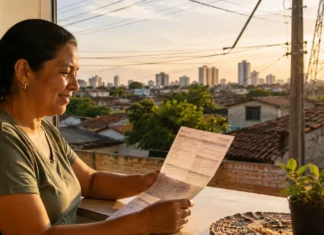Tarifa de energia cai 10,63% para baixa tensão em Rondônia Moradora segura conta de energia em casa enquanto consulta a redução média de 10,63% na tarifa de energia em Rondônia