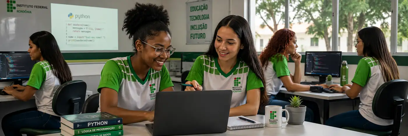 Formação em Python e tecnologia no IFRO Curso de Python do IFRO representado por mulheres em atividade de programação em laboratório