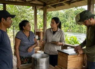 Diagnóstico no Cuniã analisa cadeia local e futuro da apicultura Moradora participa de atividade ligada à produção sustentável no Cuniã em unidade comunitária de beneficiamento.