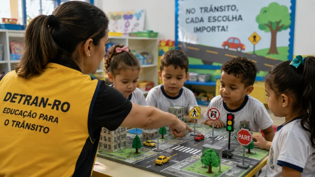 Travessia segura é ensinada durante atividade educativa Educação para o trânsito com demonstração de travessia segura para crianças