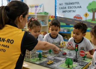 Crianças de 3 a 5 anos aprendem trânsito seguro em Porto Velho Educação para o trânsito com demonstração de travessia segura para crianças