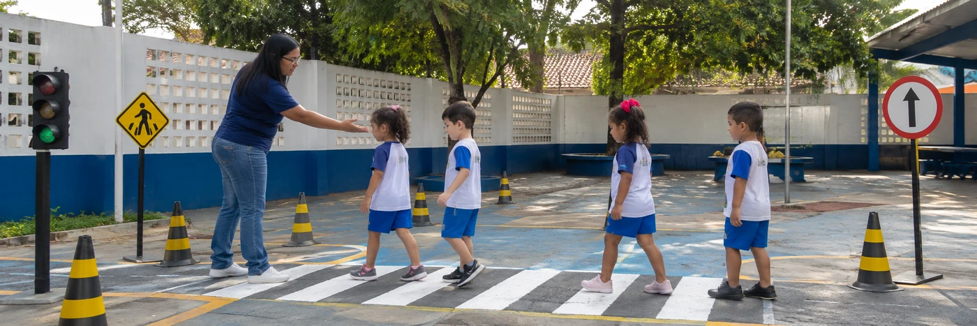 Travessia segura é ensinada durante atividade educativa Educação para o trânsito com demonstração de travessia segura para crianças